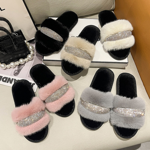 Foreign trade new style fur crystal diamond flat slippers women's fashionable high and low wool one-word open cotton slippers cross-border