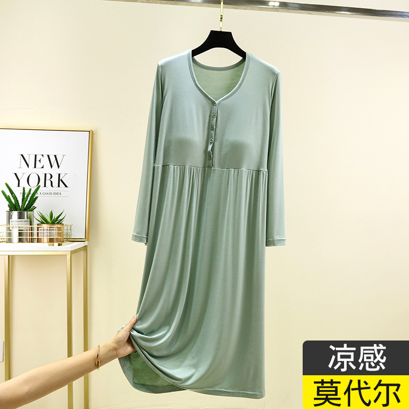Summer Modal Chest Pad dress plus size Tight Waist V-Neck Home Dress Long Sleeve Bra-free Long Slimming Nightdress