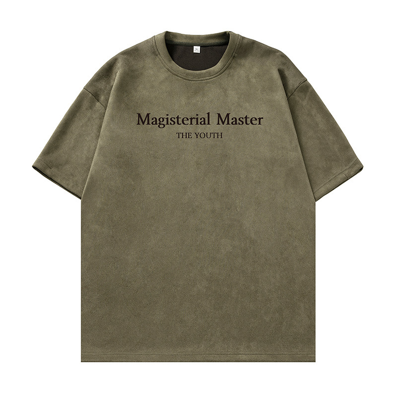 Monochrome Man- Textured Suede Casual Short T-Shirt For Men, Summer Loose Fit Trendy Brand Color Block Letter Print Half Sleeve Tee_voghion.com