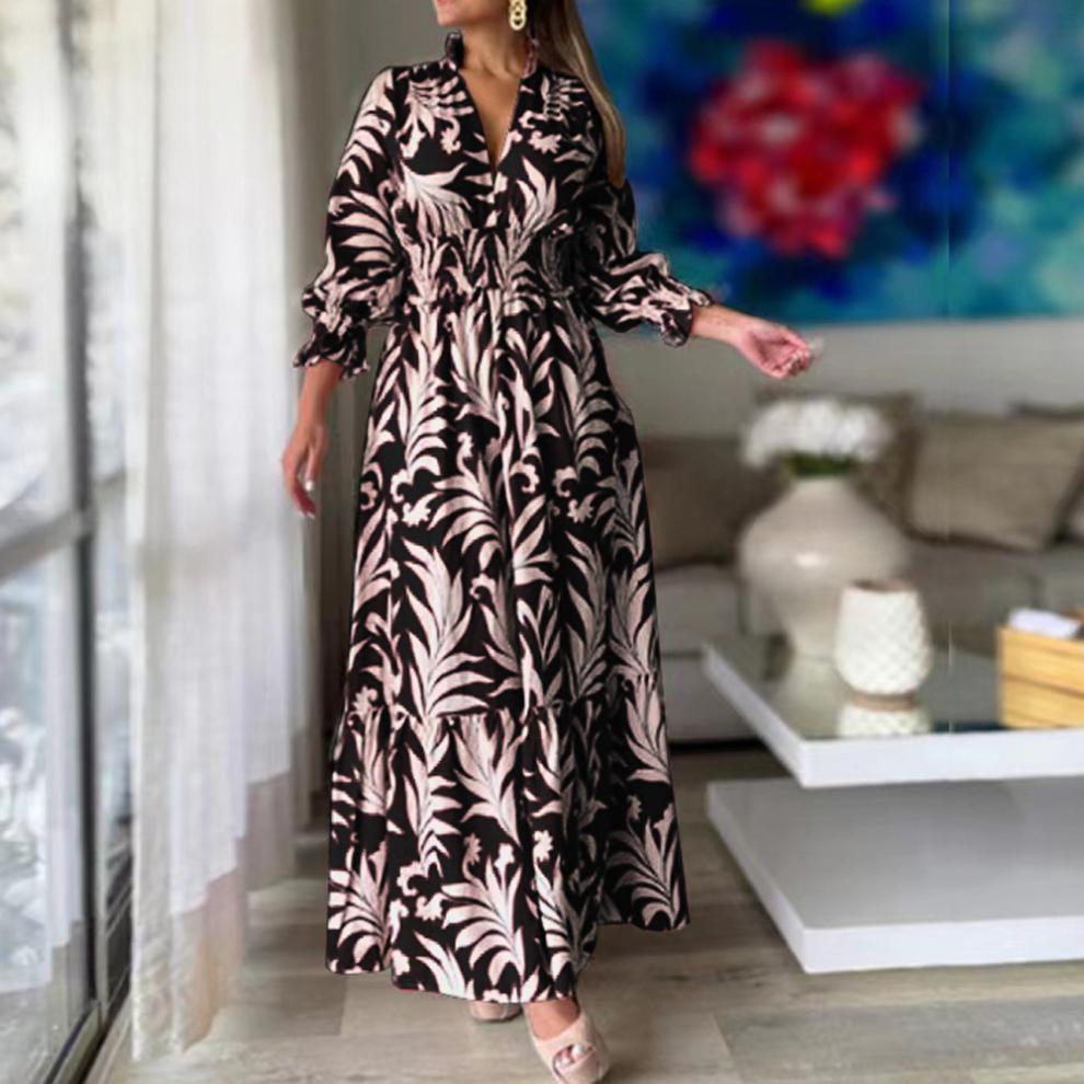 Mid Waist Waist Line Holiday, Daily Occasion V Neck Neckline Wholesale Women'S Elegant Printing Plant Holiday Daily V Neck Long Sleeve Regular Dress