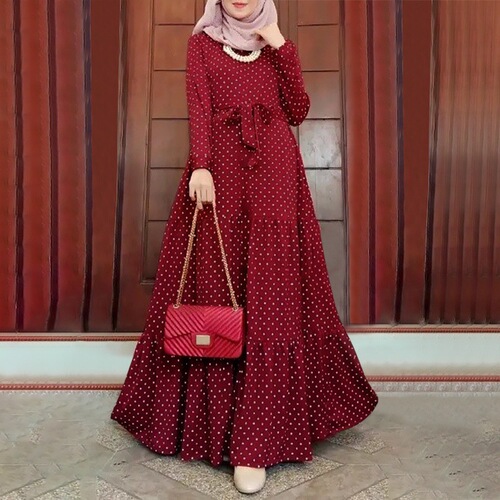 Modest Muslim Plus Size Polka Dot Elegant Dress Robe Long Sleeve Full Skirt Dress