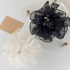 法式歐根紗大腸發圈高級感珍珠頭繩女丸子頭扎頭繩簡約風氣質發網