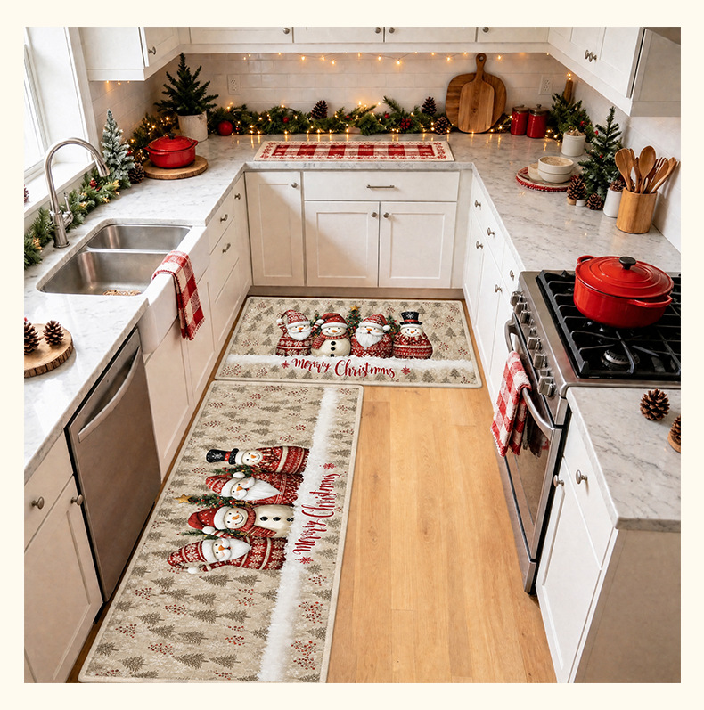 Cross-border Christmas kitchen floor mat two-piece set, festive atmosphere decorative carpet, water-absorbent, non-slip, dirt-resistant long strip foot mat