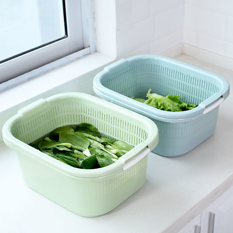 二層野菜洗い桶、プラスチック水切りかご、水切り桶、米洗いツール、野菜かご、野菜洗い桶、家庭用キッチン果物洗い桶|undefined