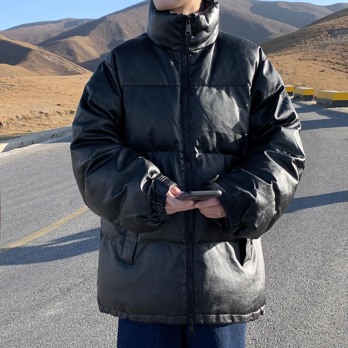 Cappotto in pelle PU di cotone alla moda in tinta unita da uomo, con colletto alto, invernale 2020_voghion.com