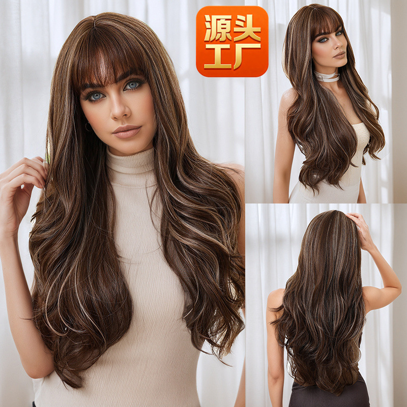 Cross-Border Tiktok Dropshipping Export to the Usa Women's Wigs 28inch Large Wavy Long Curly Highlighted Black-Brown Wigs Wholesale