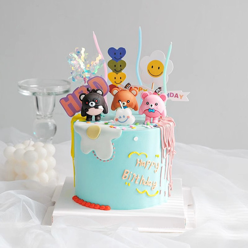 Internet-famous Egg Pudding Party Cake Decorations: Cartoon XIAOZAI Bear, Lost Heart Bear, Pink Bear, and Little Bear Dolls for Birthday Celebrations