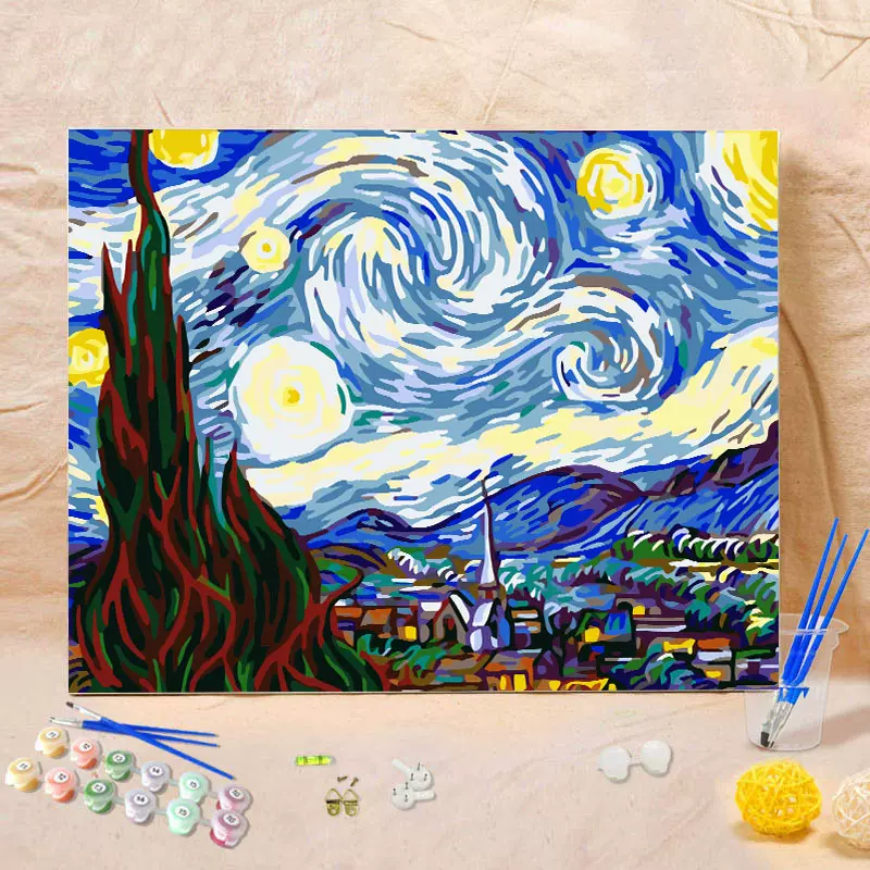 厂家批发40*50无框DIY数字油画手工绘客厅风景花卉装饰梵高星空