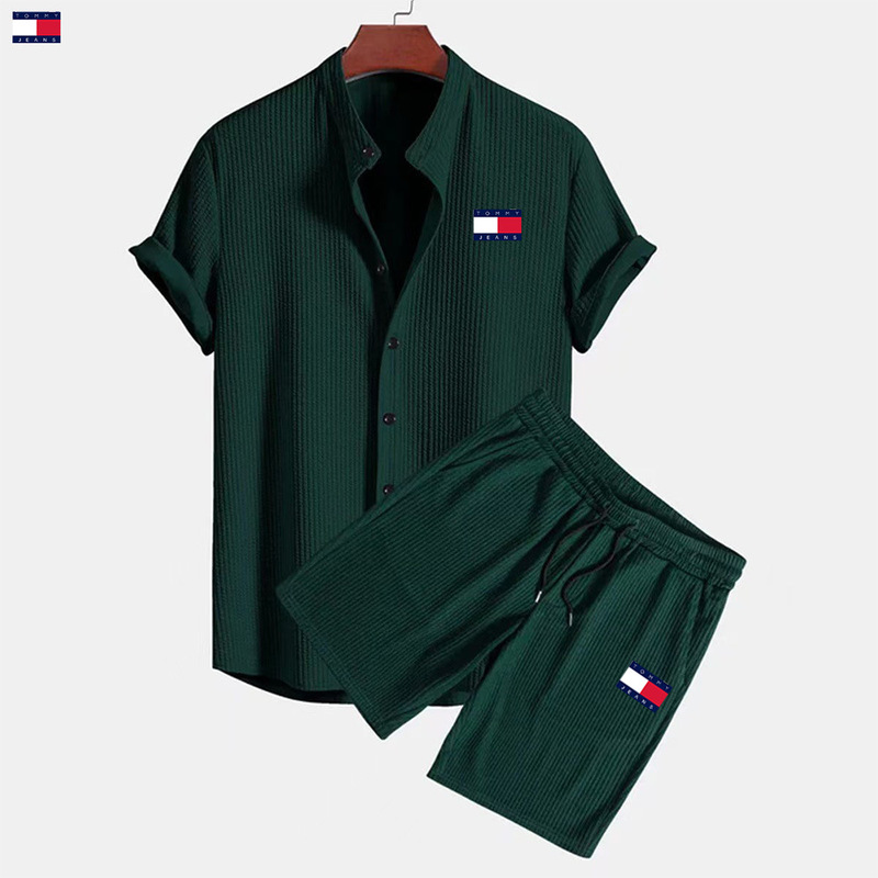 European and American Aliexpress Foreign Trade Independent Site Men's Casual Loose Multi-Color Beachwear Ribbed Short-Sleeve Two-Piece Set European and American Aliexpress Foreign Trade Independent Site Men's Casual Loose Multi-Color Beachwear Ribbed Short-Sleeve Two-Piece Set