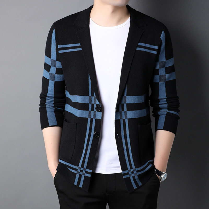 Tiktok Autumn Thin Plaid Men's Knitted Cardigan Casual Men's Small Blazer Knitted Sweater Wholesale