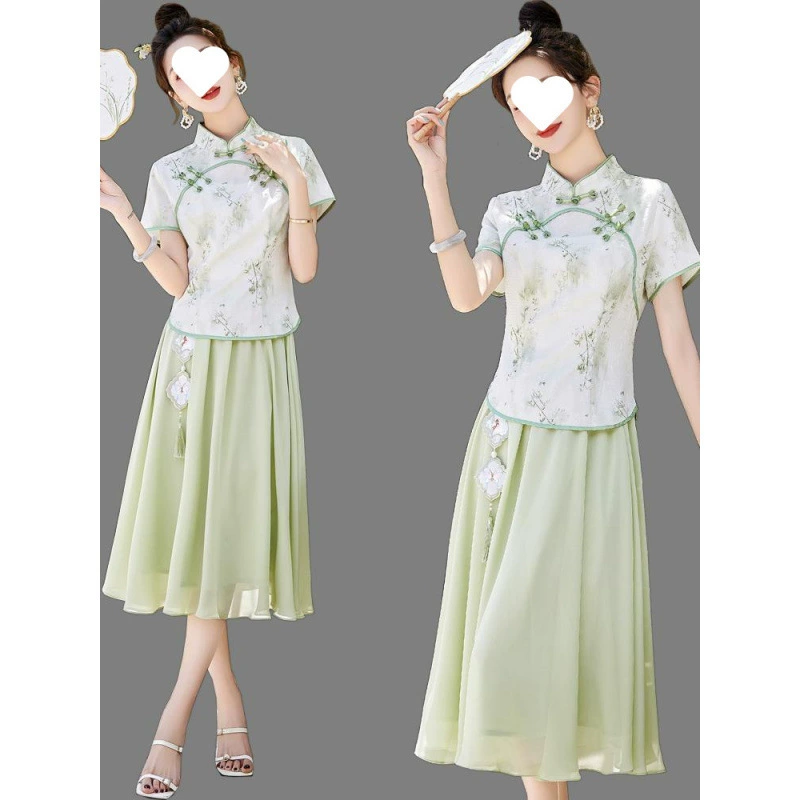 Новое китайское платье-чонсам для женщин 2025 года, летнее платье в ретро стиле с пряжкой, вышивкой и короткими рукавами, комплект из двух предметов