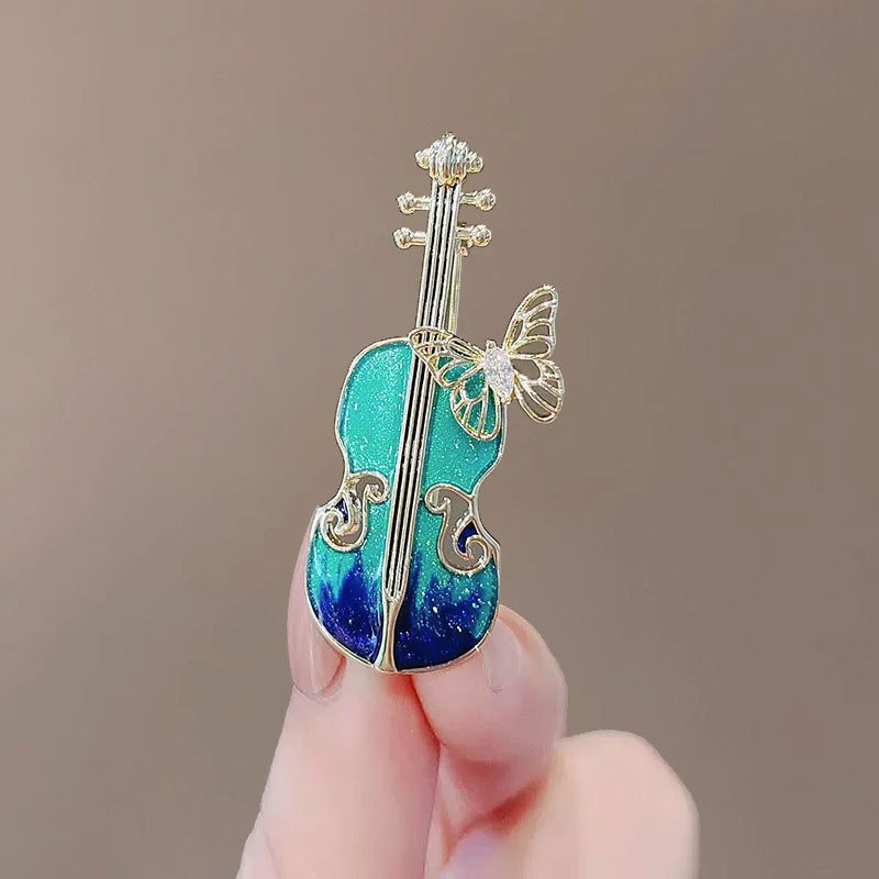 Antique fashion enamel violin brooch high-end elegant musical instrument pipa corsage coat coat pin accessories