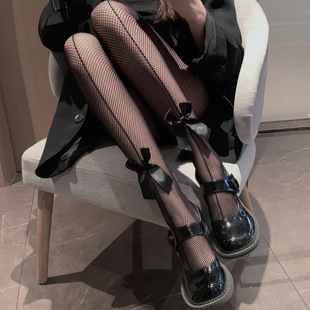 Multi-Bow Fishnet Stockings Black Cool Sexy Disco Stockings Fishnet Jk Dark Cut Out Slimming Look Pantyhose