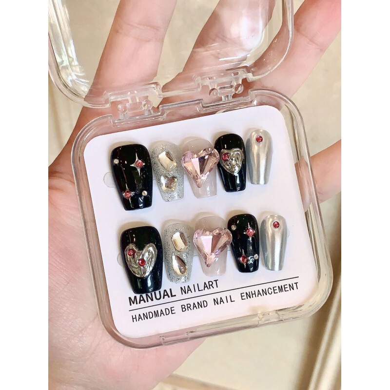 [original Real Shot] Purely Handmade Wearable Nails, Dark Pink Heart Balls, Sweet and Cool Style Popular Nail Art Patches, Sparkling Diamonds
