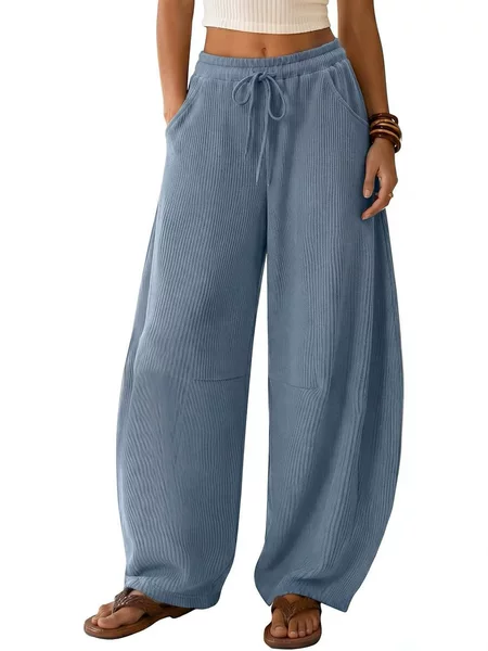 2026 Women's Loose Waffle Knit Wide-Leg Drawstring Sweatpants High-Waisted Comfortable Casual Pants with Pockets