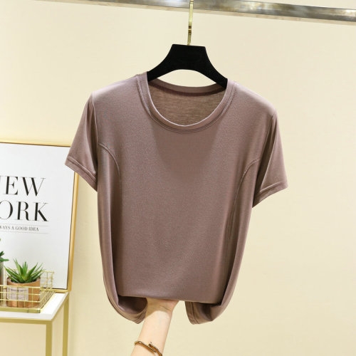 Modal crew-neck short-sleeve T-shirt, slim-fit top with minimalist, stylish patchwork design—perfect for a trendy, on-trend summer look that’s ideal for wearing outside.