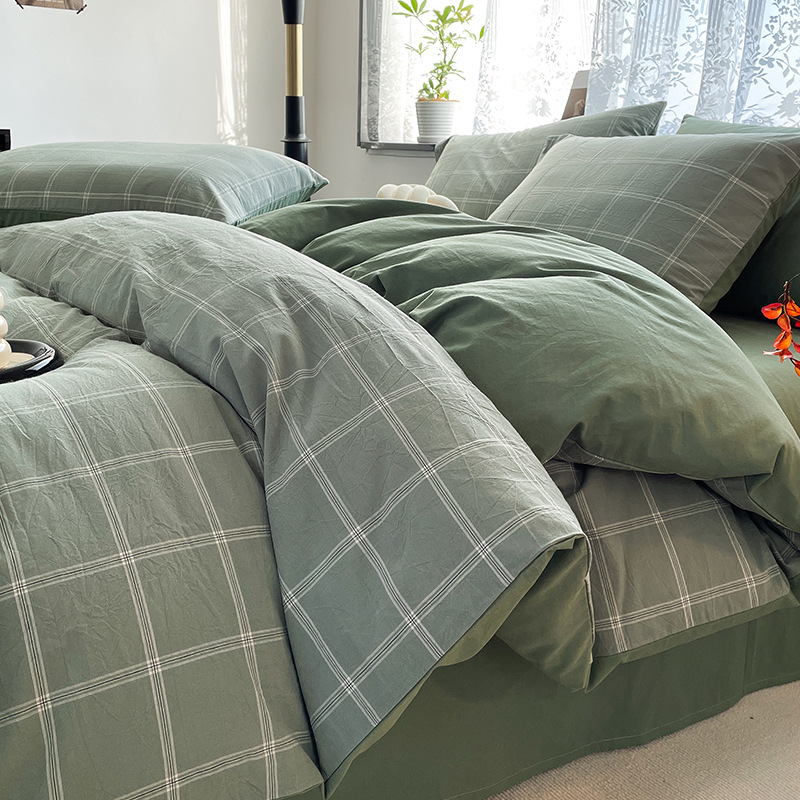 Cama de algodón lavado de algodón de cuatro piezas, sábana de algodón, funda de edredón, dormitorio de estudiantes, ropa de cama de tres piezas, ropa de cama