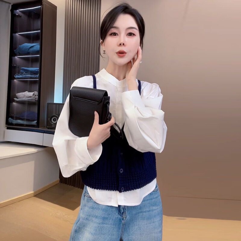2025春の新作韓国ファッションラウンドネック長袖シャツとショートニットキャミソール2点セット|undefined