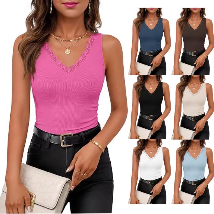 2026 European and American Cross-Border Women's Summer V-Neck Sleeveless Lace-Trimmed Vest Knitted Casual Camisole Top for Women 2026 European and American Cross-Border Women's Summer V-Neck Sleeveless Lace-Trimmed Vest Knitted Casual Camisole Top for Women