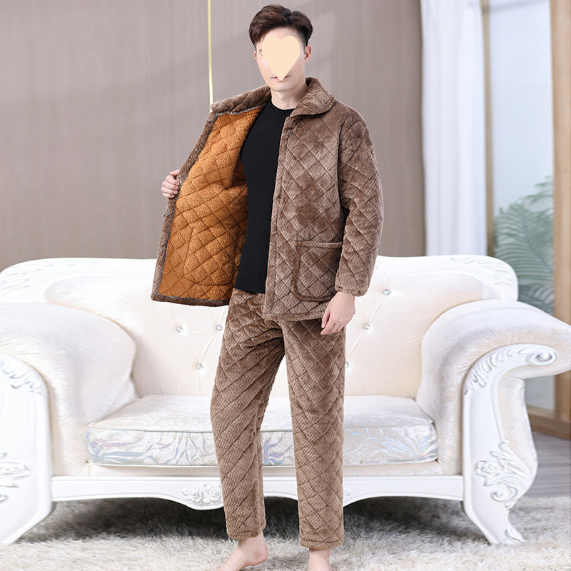 (2개) 겨울 남성 벨벳 두꺼운 3겹 퀼트 대형 겨울 남성 산호 벨벳 남성 잠옷 홈웨어 세트