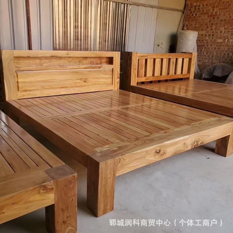 Old Elm Solid Wood Bed Modern Simple Bed Homestay Internet Celebrity Rental Room Dormitory Falcon Riveted Tatami Hard Board Bed