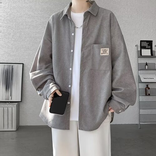 Men's Spring and Autumn Corduroy Jacket, Loose Student Fashion, Retro Japanese Style, Versatile Trendy Hong Kong Style Long Sleeve Shirt