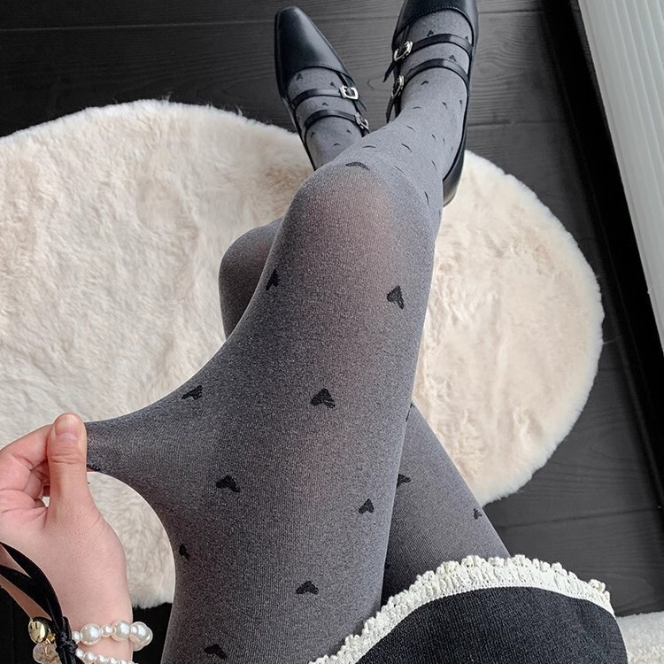 Women's Tights in Heather Gray with Polka Dots, Thin Velvet Heart-Patterned Leggings for Spring and Autumn, Sweet Jacquard Smoke Gray Stockings