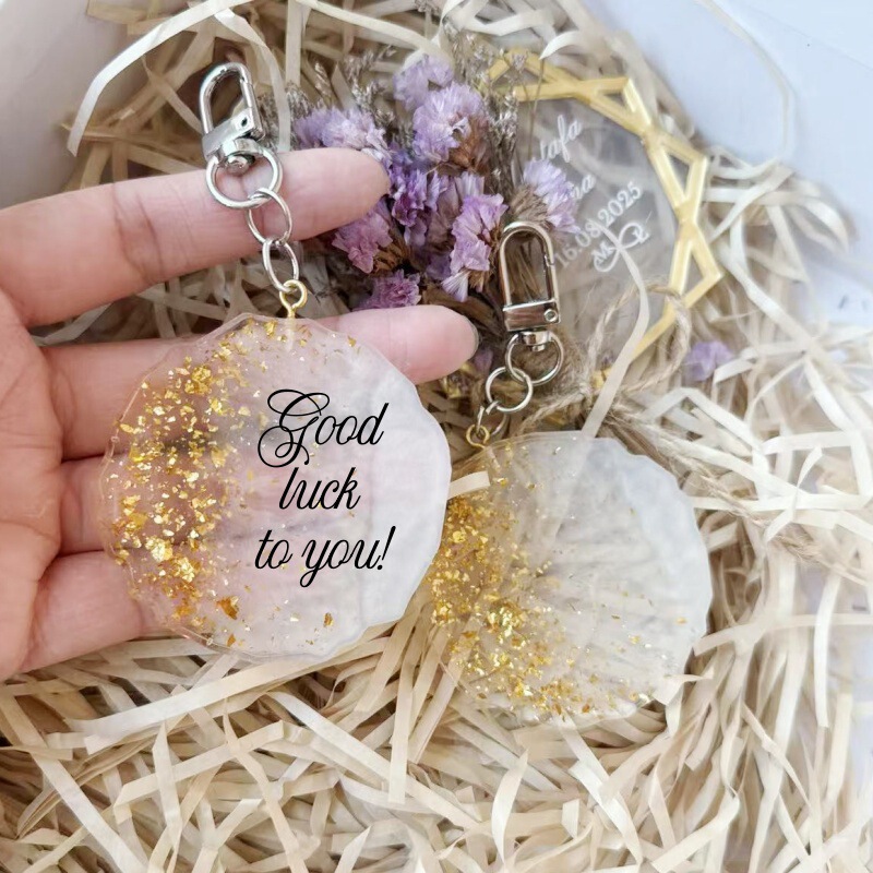 Flower-Shaped Epoxy Resin Wedding Souvenir, Starry Sky Name Gold Keychain, Creative Crafts, Commemorative Gift