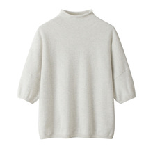 半高自带领纯山羊绒落肩袖半袖8针平纹宽松休闲慵懒针织女士毛衣