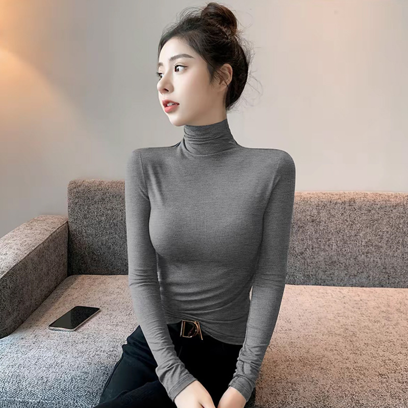 暗灰色高领螺纹打底衫女内搭早春新款修身纯色百搭洋气长袖女t恤|undefined
