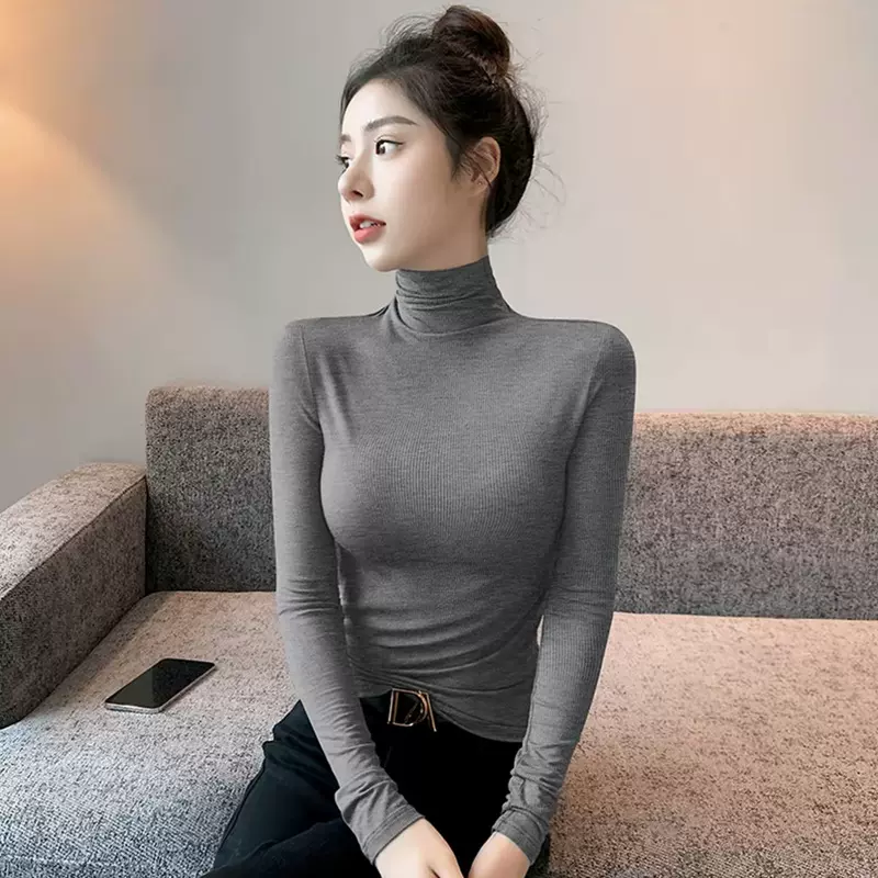 暗灰色高领螺纹打底衫女内搭早春新款修身纯色百搭洋气长袖女t恤