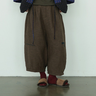 Original Retro Distressed Yarn-Dyed Thickeneded Cocoon-Shaped Quilted Pants Casual Loose Thin Cotton Nine-Point Boot Pants K24344