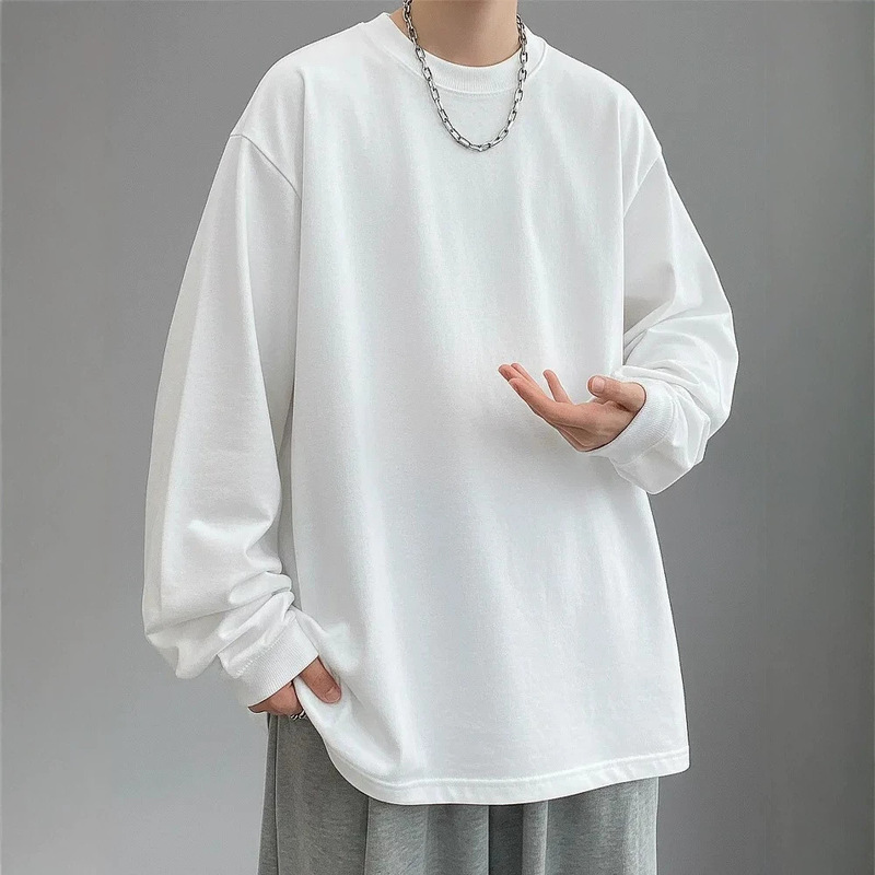 Loose-fitting pure cotton white long-sleeve T-shirt, Japanese-style simple basic design, unisex, comfortable, versatile, and breathable top