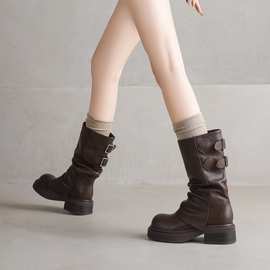 厚底骑士靴女早秋单靴美拉德旅游西部牛仔中筒靴高筒裤管堆堆靴子