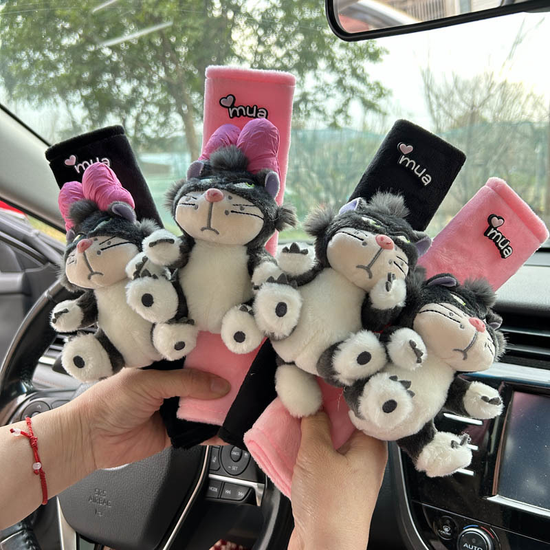 Car Seat Belt Shoulder Cover Women's Cute Pink Plush Lucifer Cat Anti-Ripper Neck Safety Belt Car Interior Decoration