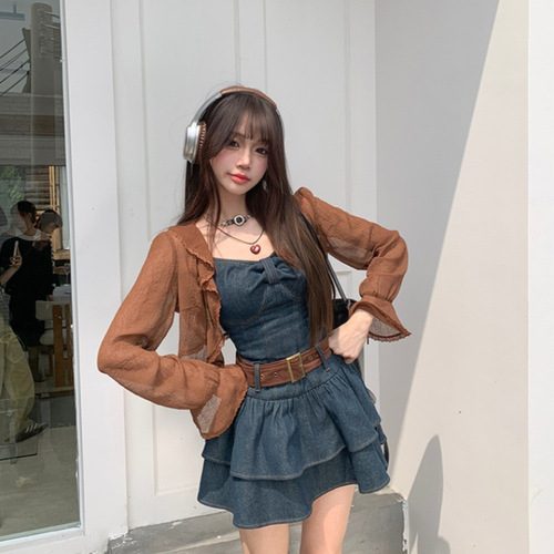 2025 Summer Women's Post-Apocalyptic Style Denim Suspender Dress + Cropped Cardigan Set for Petite Figures