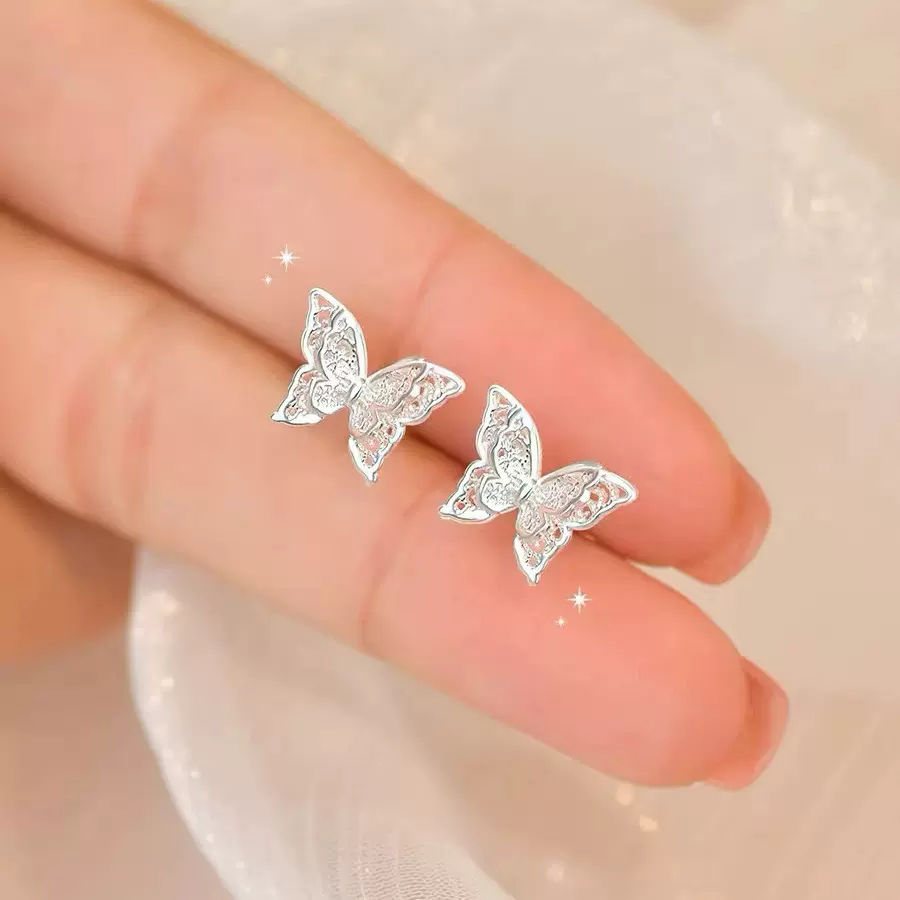 s999足银双层蝴蝶耳钉女轻奢小清新个性设计耳骨钉森系纯银耳饰
