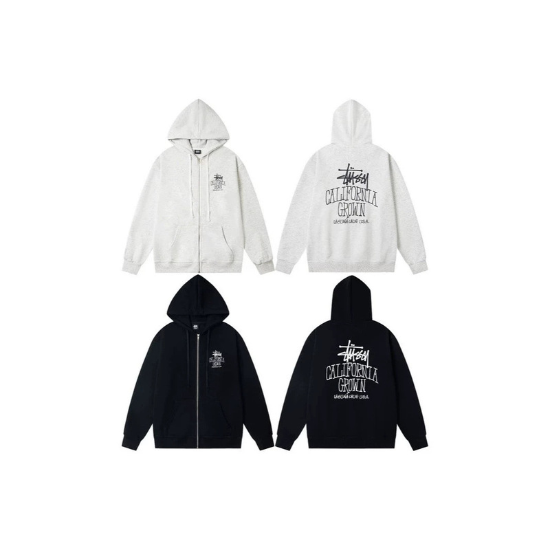 Cross-Border Trendy Brand New Stussy American High Street Style Printed Zip-Up Hooded Sweatshirt Unisex