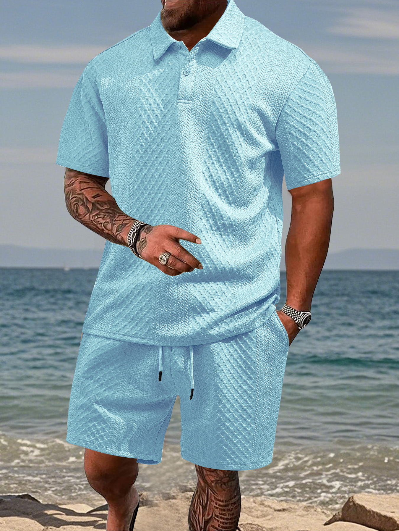 Herren Freizeit Sport Jacquard Polohemd Und Shorts Set Sommer_voghion.com