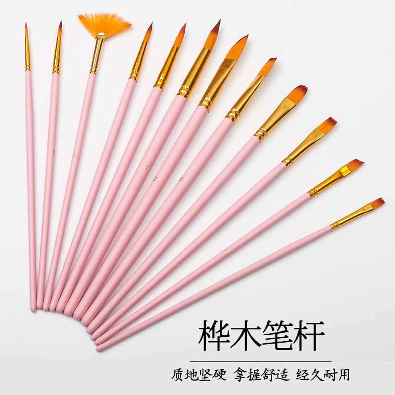 厂家跨境12支尼龙油画笔套装 扇形组合水粉笔水彩笔美术画笔批发