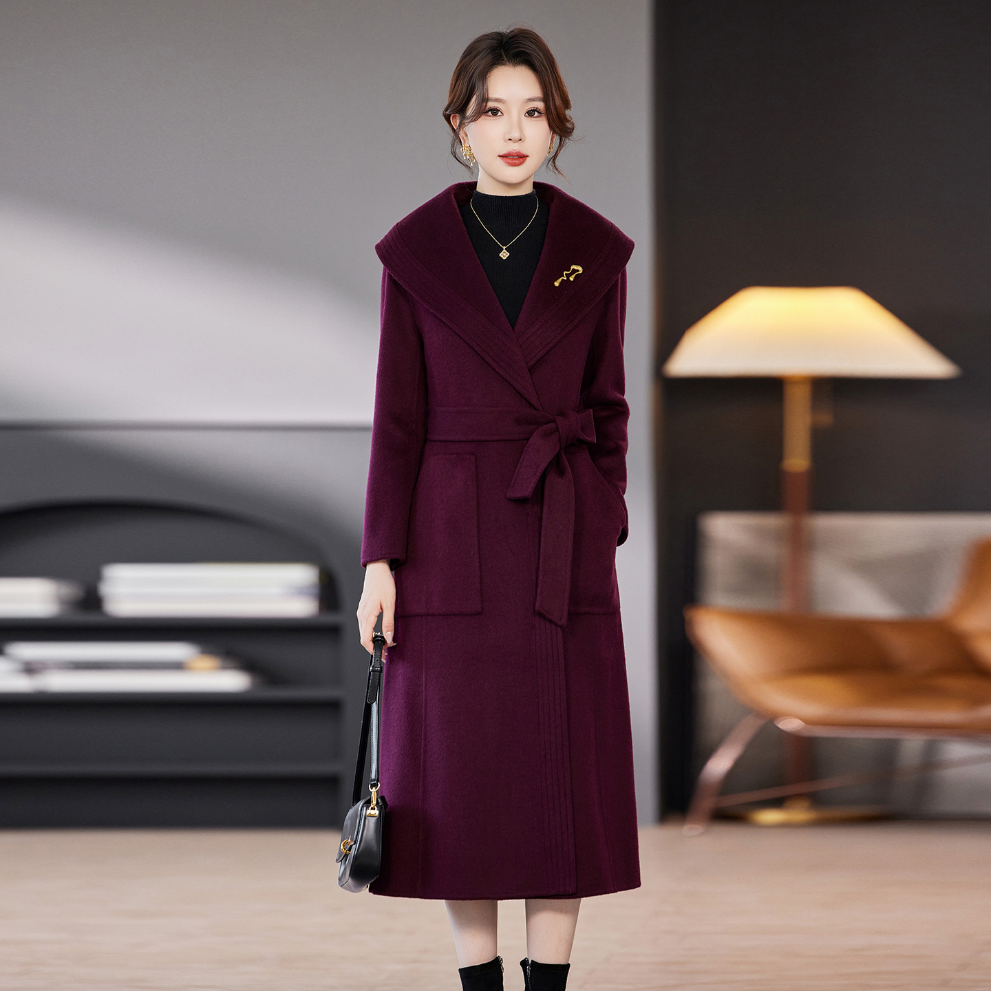 高端双面羊毛羊绒大衣女  简约优雅时尚宽松大码手工毛呢长款外套