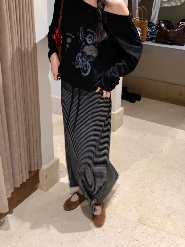 BRIVIN韩系深灰色条纹松紧腰半身裙女2025秋季气质显瘦慵懒风长裙|undefined