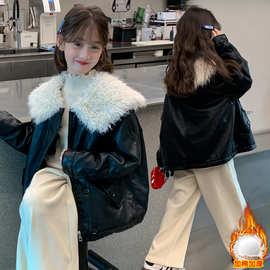 大女童夹棉皮衣外套童装儿童女孩冬季棉衣大毛领短款上衣皮夹克潮