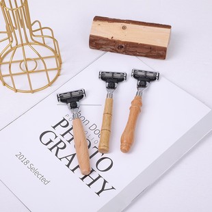 Men's Wooden Handle Manual Razor Three-Layer Stainless Steel Razor Blade Replaceable Head Old-Fashioned Portable Razor