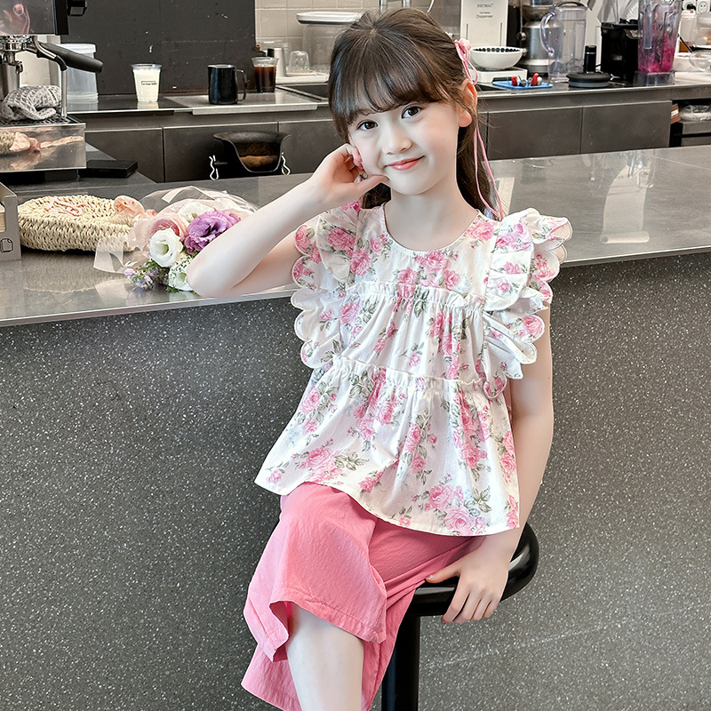 桔子虎女童夏季套装2024夏装新款洋气时髦儿童女宝宝花朵飞袖甜美