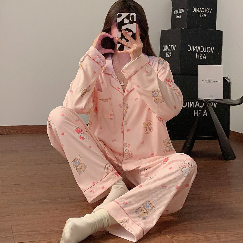 Al por mayor transfronterizo otoño nuevo hilo de hielo pijama camiseta de manga larga con la solapa cardigan ropa de dibujos animados para el hogar encantadora cereza