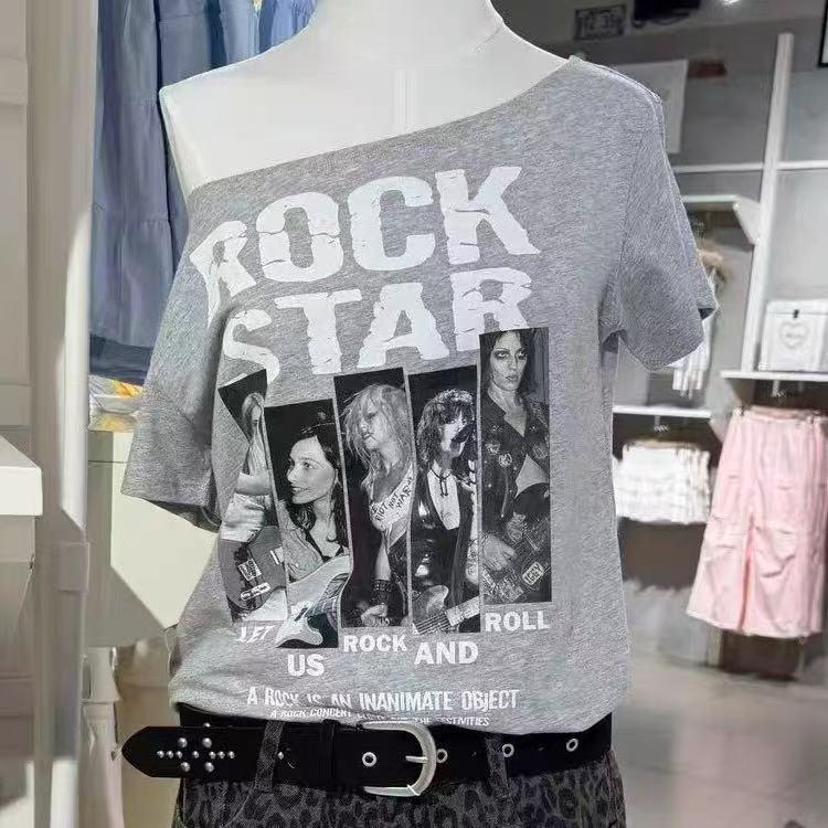 Bm Style New Diagonal Collar Off-Shoulder Rock Band Letter Print Short-Sleeve T-Shirt for Women, Loose Fit Versatile Slimming Top