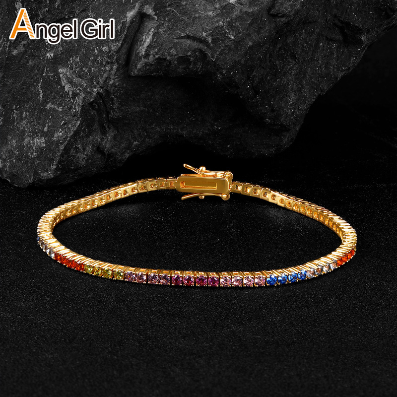 New 2mm Colorful Gradient Zircon Four-Claw Tennis Bracelet Copper Gold-Plated Southeast Asia Cross-Border Jewelry Wholesale New 2mm Colorful Gradient Zircon Four-Claw Tennis Bracelet Copper Gold-Plated Southeast Asia Cross-Border Jewelry Wholesale