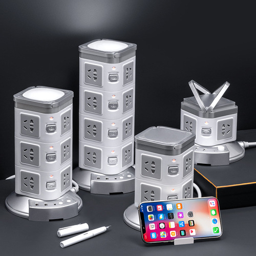 Multifunctional vertical socket tower type three-dimensional plug strip porous household plug board panel mini intelligent multi-layer plug strip
