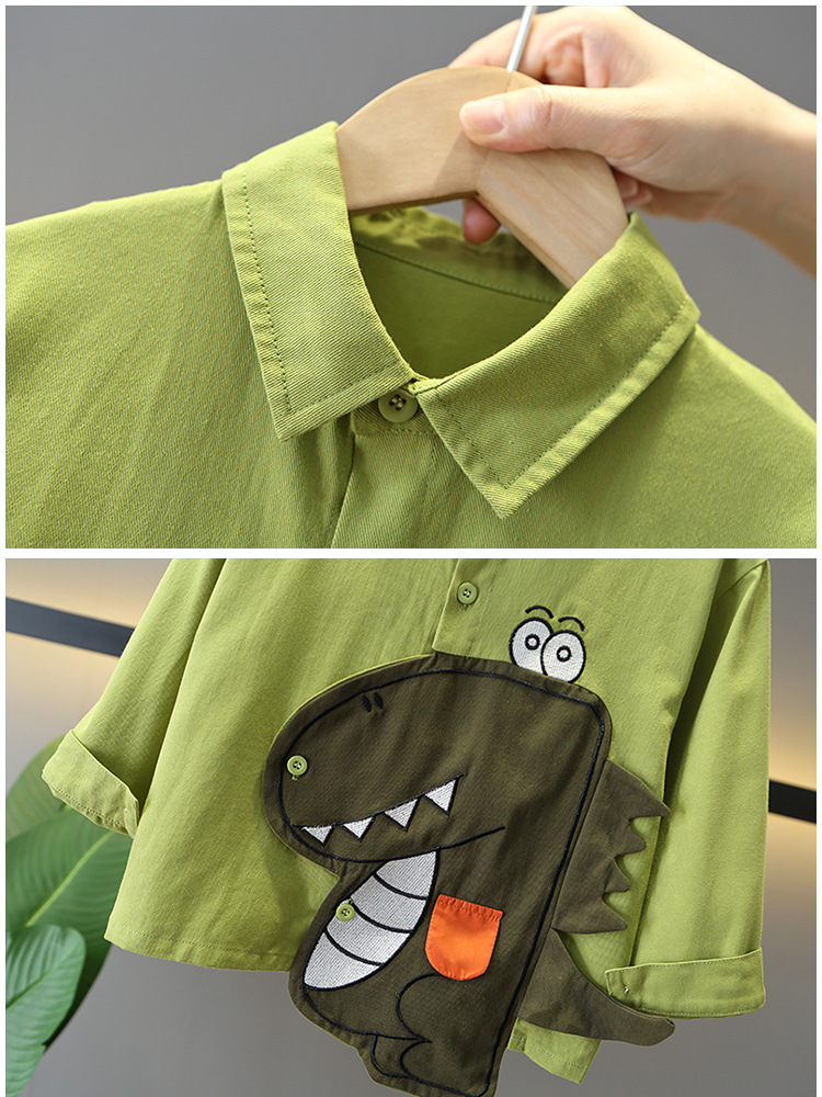 5911 Traje de otoño para niños 2025 Nueva camisa de dinosaurio de moda Ropa de manga larga de primavera y otoño para niños de dos piezas